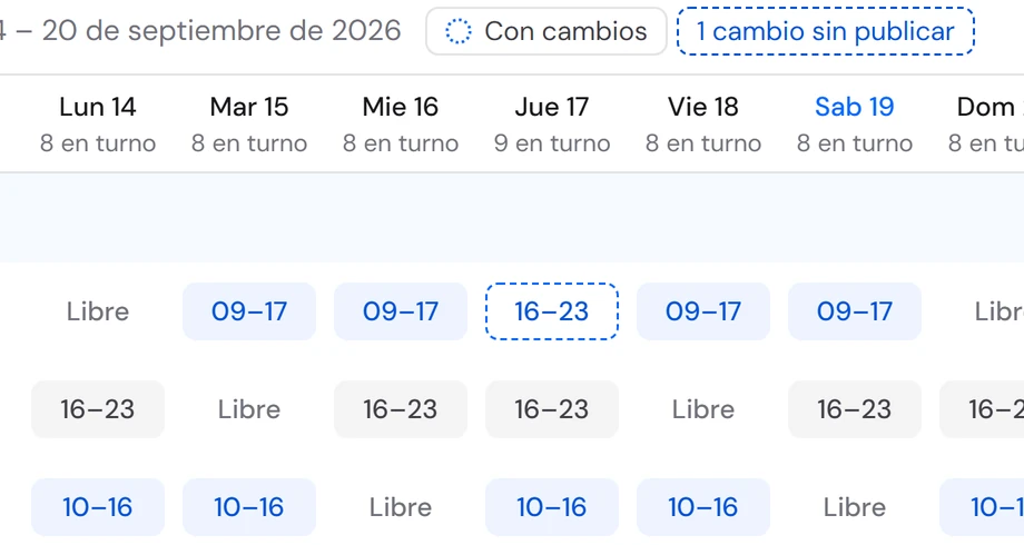 Cuadrante con un turno nuevo de 16 a 23 en borrador y el aviso «1 cambio sin publicar».