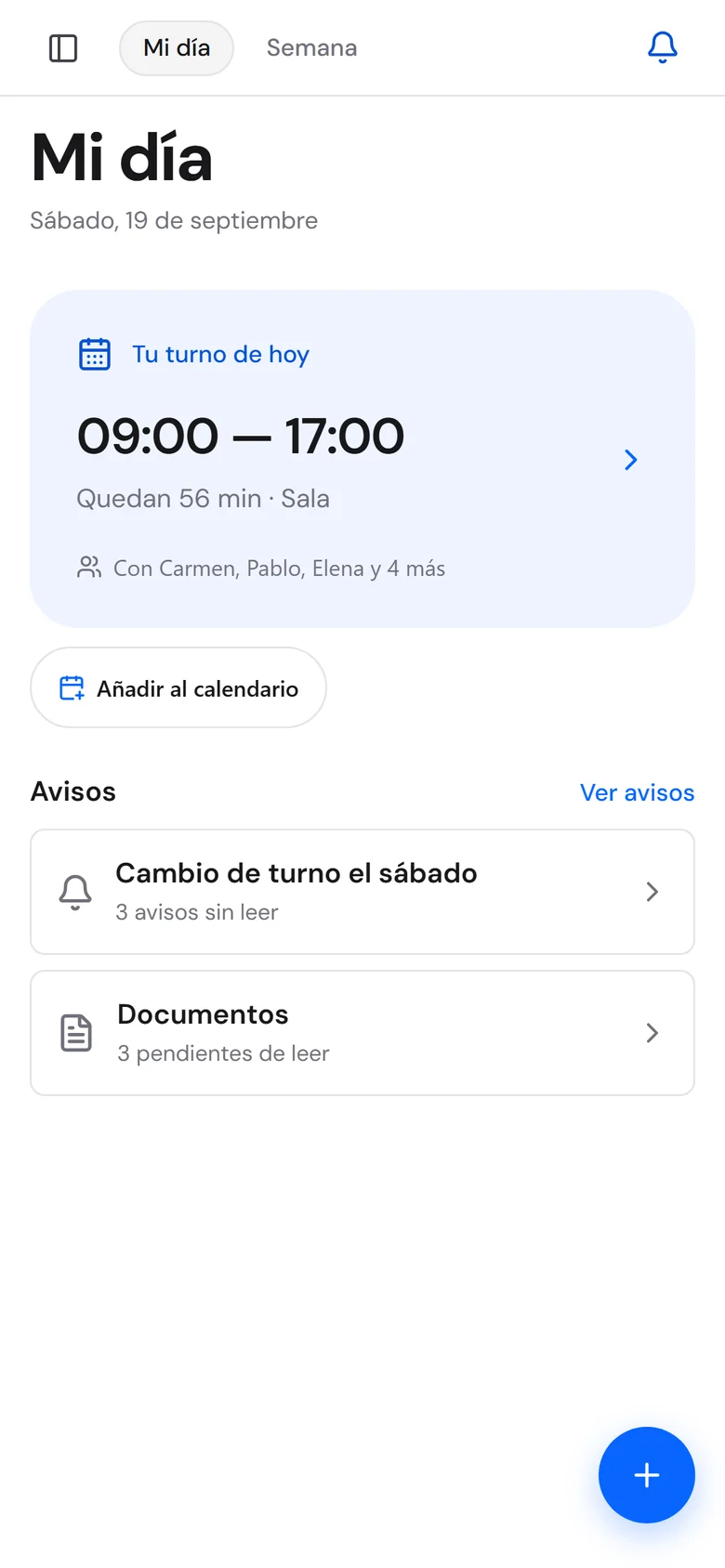 Mi día en el móvil de una empleada: turno de 09:00 a 17:00 y avisos.